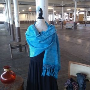 Traditional sky blue and silver Mexican serape shawl